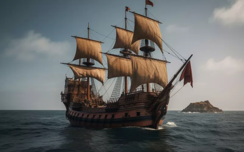Un navire en mer représentant l'arrivée des Européens en Amérique